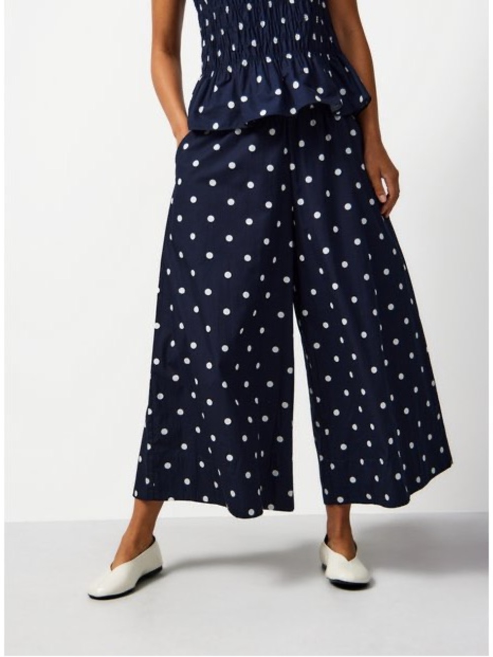 American Eagle Outfitters Navy and White Polka Dot Wide-Leg Pants